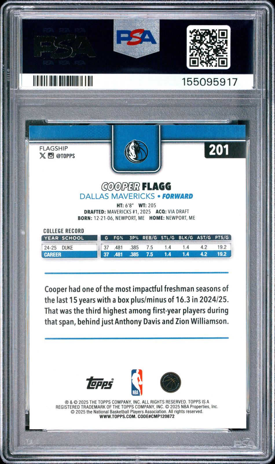 2025 Topps Cooper Flagg Rainbow Foilboard #201 PSA 9 - CDP