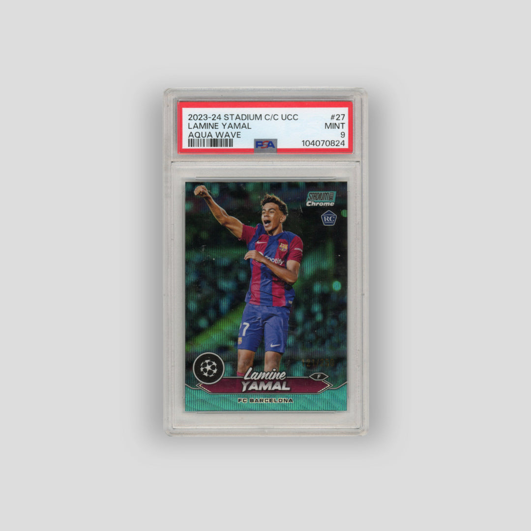 2023-24 Topps Stadium Club Chrome Lamine Yamal Aqua Wave /250 #27 (PSA 9) - Q's Cards