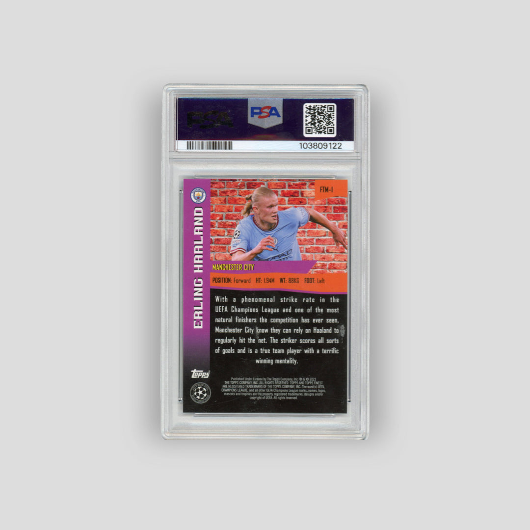 2022-23 Topps Finest The Man Erling Haaland Purple Refractor /299 (PSA 10) - Q's Cards