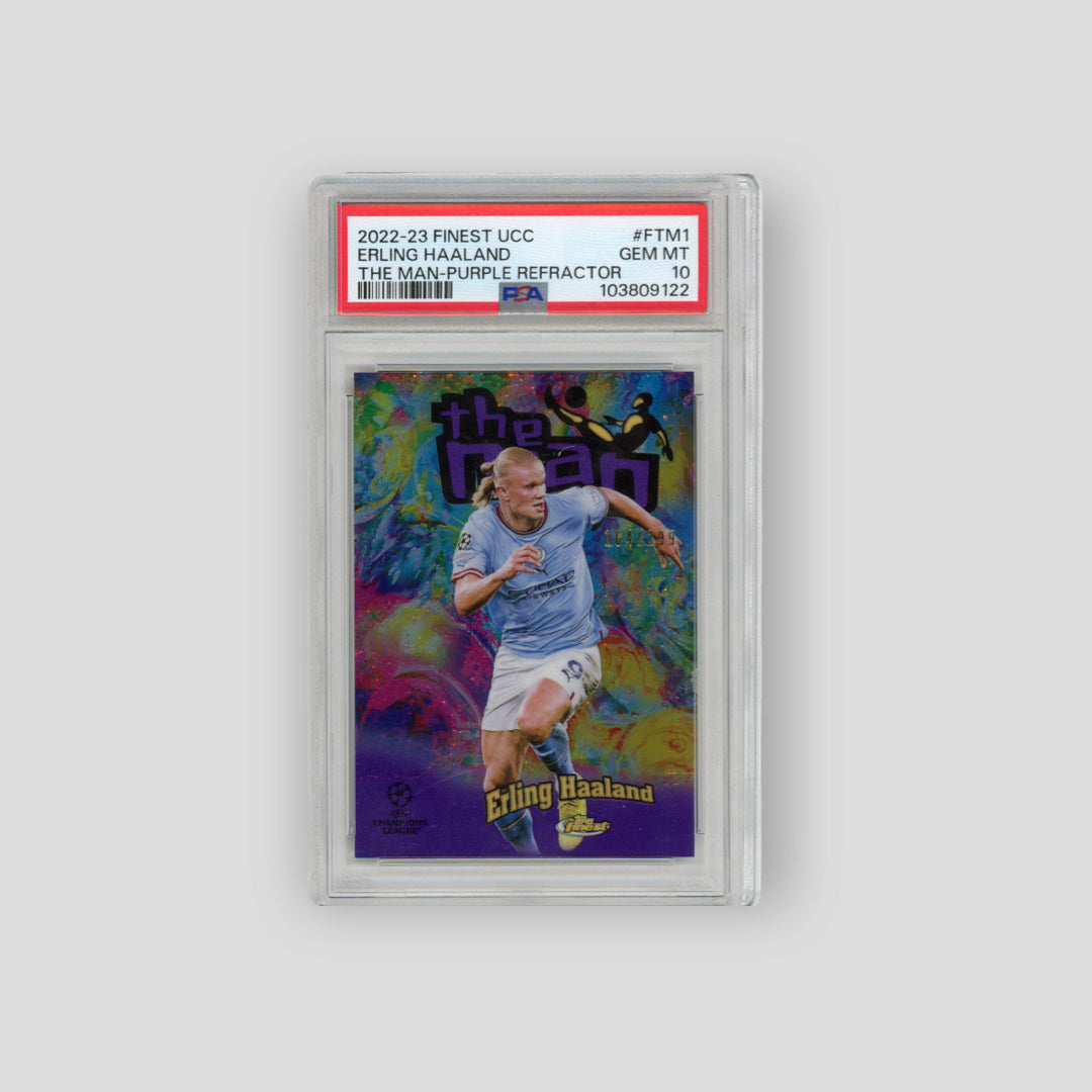 2022-23 Topps Finest The Man Erling Haaland Purple Refractor /299 (PSA 10) - Q's Cards