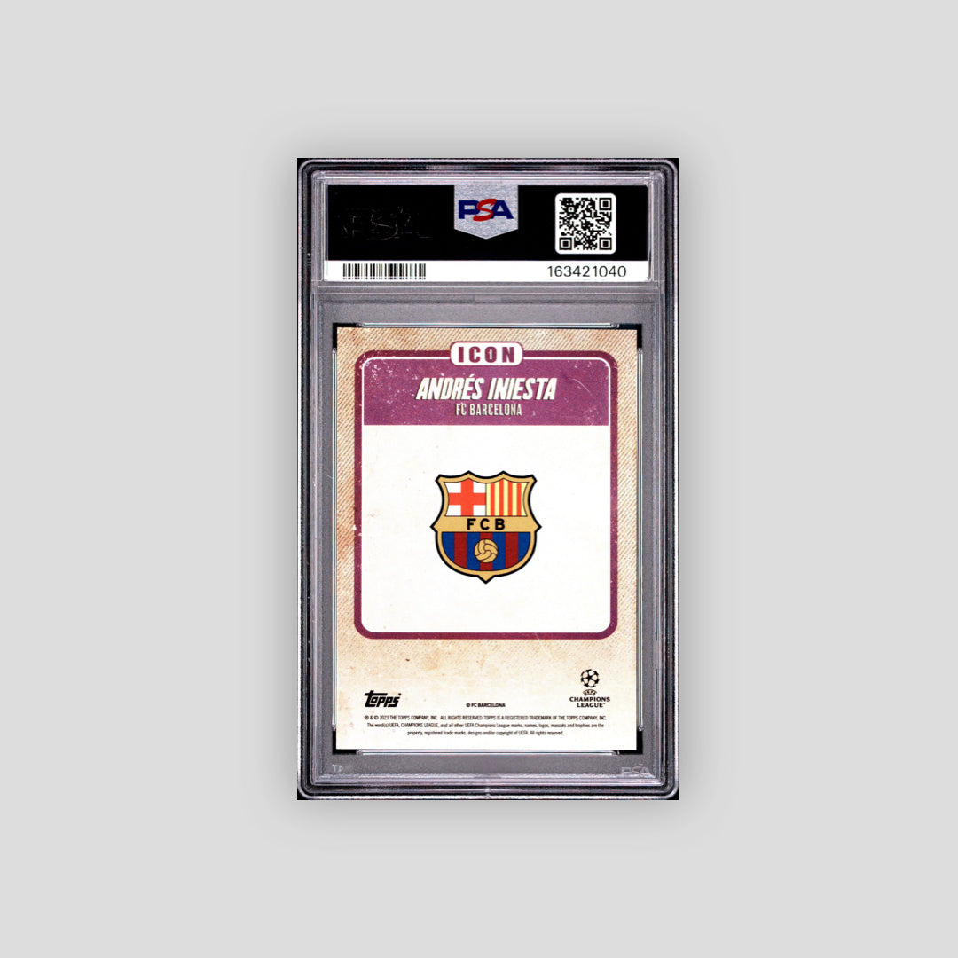 2022-23 Topps Musiala Platinum Andres Iniesta Icon Purple /25 PSA 10 - Q's Cards