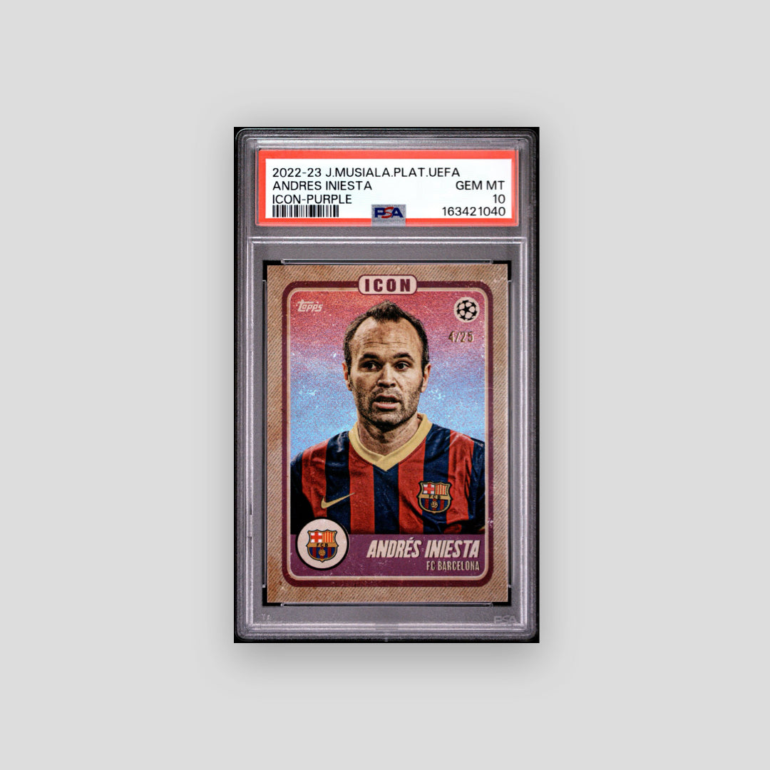 2022-23 Topps Musiala Platinum Andres Iniesta Icon Purple /25 PSA 10 - Q's Cards