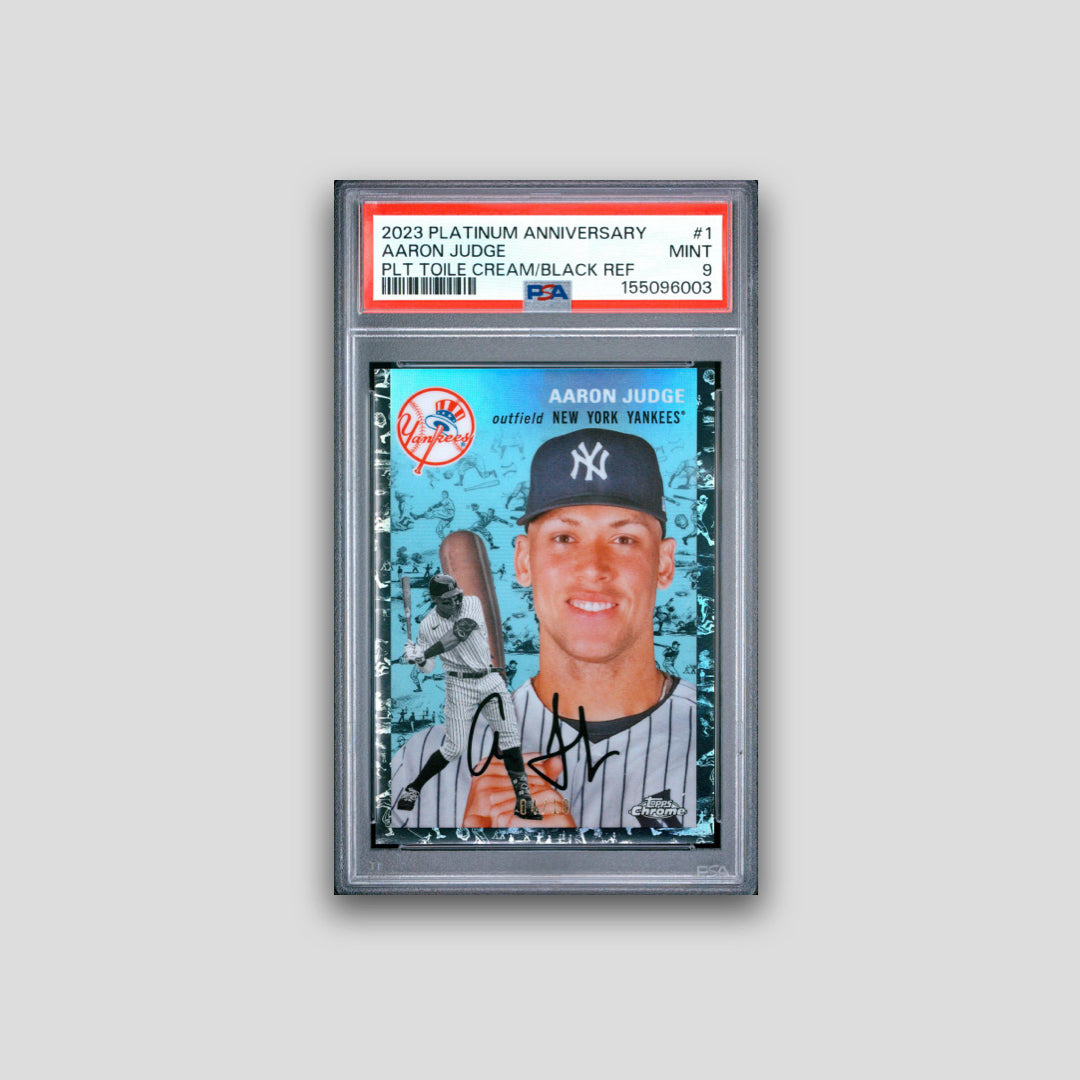 2023 Topps Chrome Platinum Aaron Judge Plt Toile Cream/Black /10 Ref #1 PSA 9