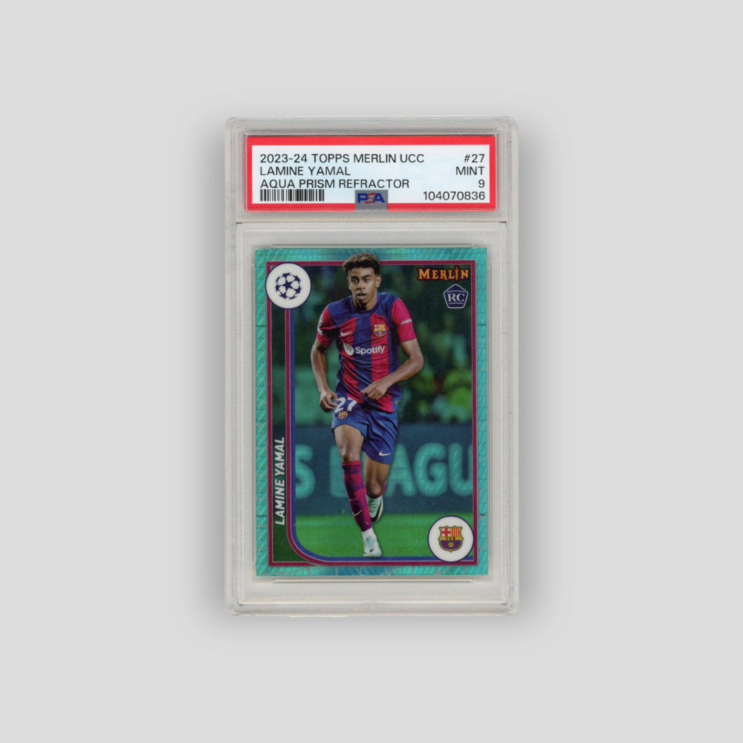 2023-24 Topps Merlin UCC Lamine Yamal Aqua Prism Refractor #27 (PSA 9) - Q's Cards