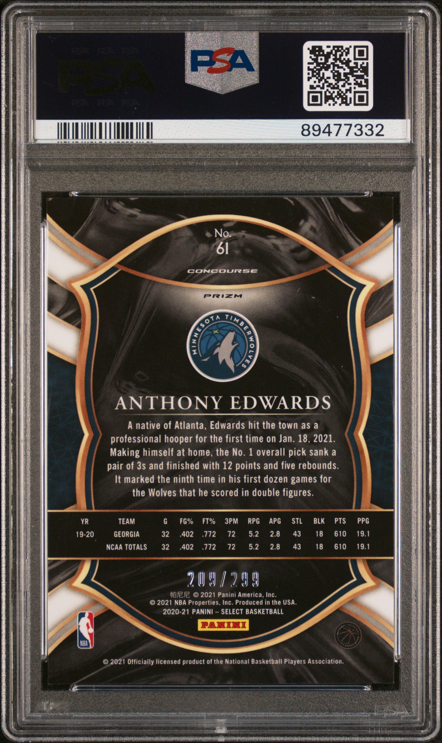 2020 Panini Select Anthony Edwards Light Blue Prizm #61 PSA