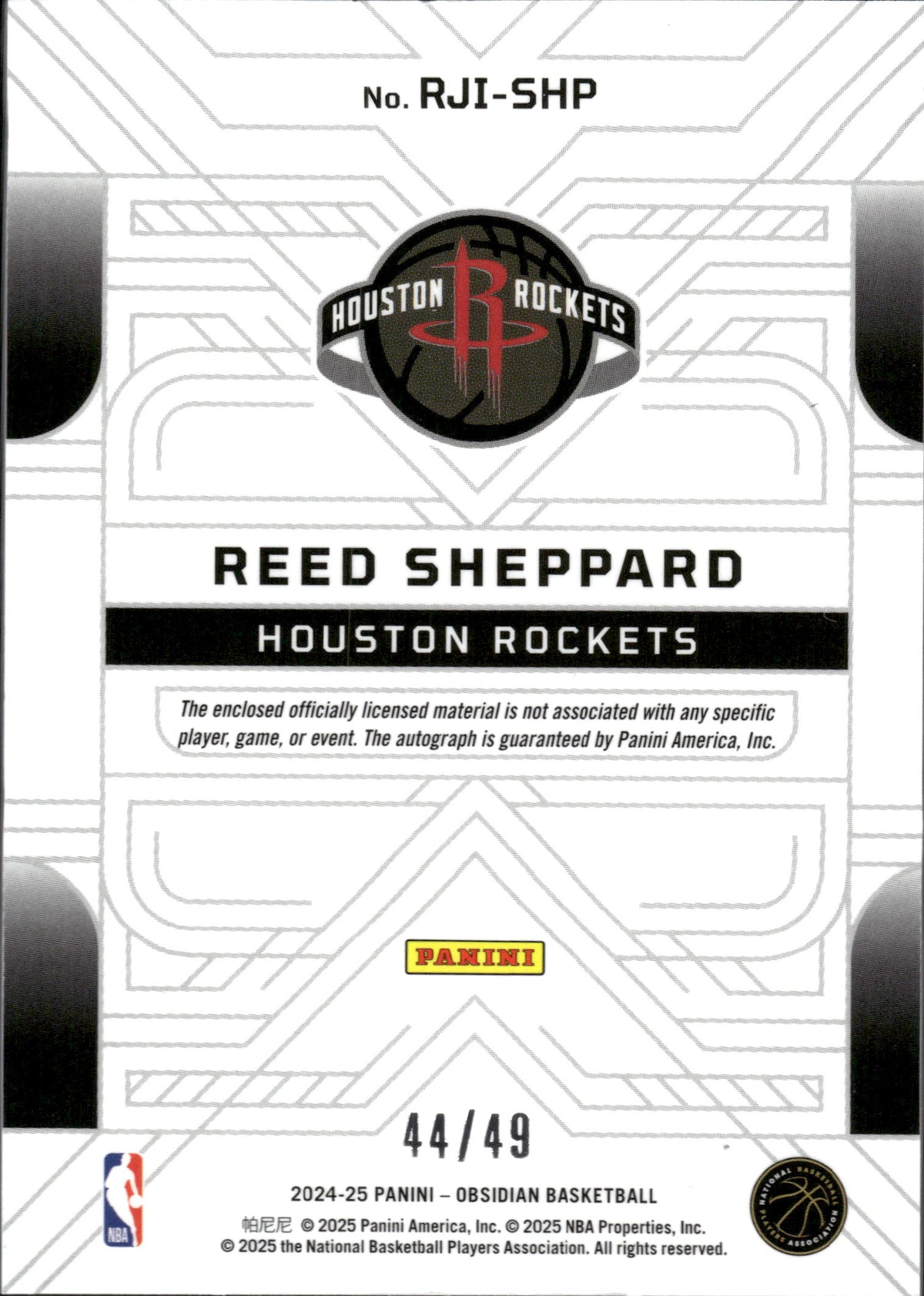 2024-25 Panini Obsidian Reed Sheppard Pink Flood /49 AU #RJI-SHP