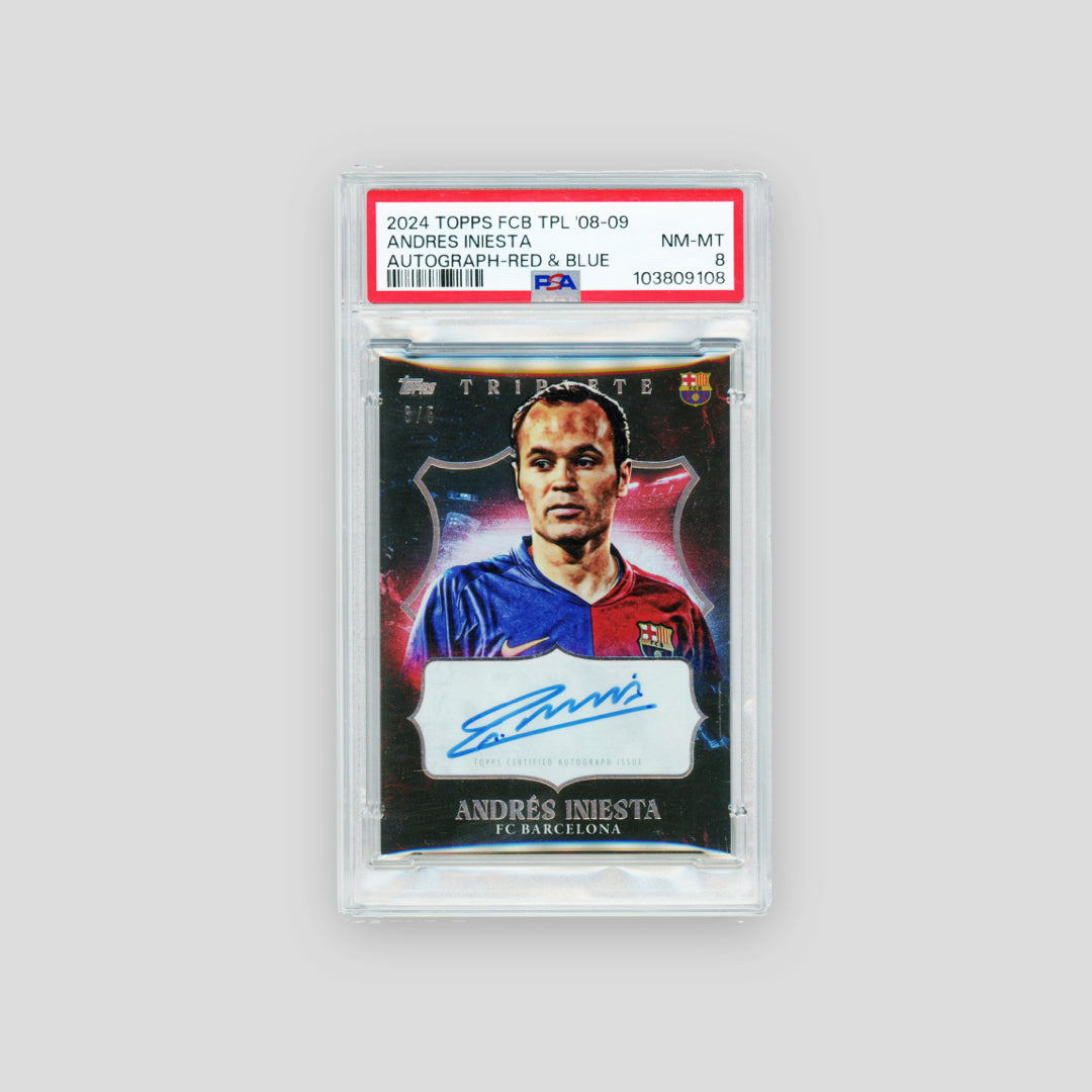 2024 Topps Barcelona Triplete Auto Andres Iniesta Red & Blue /5 (PSA 8) - Q's Cards