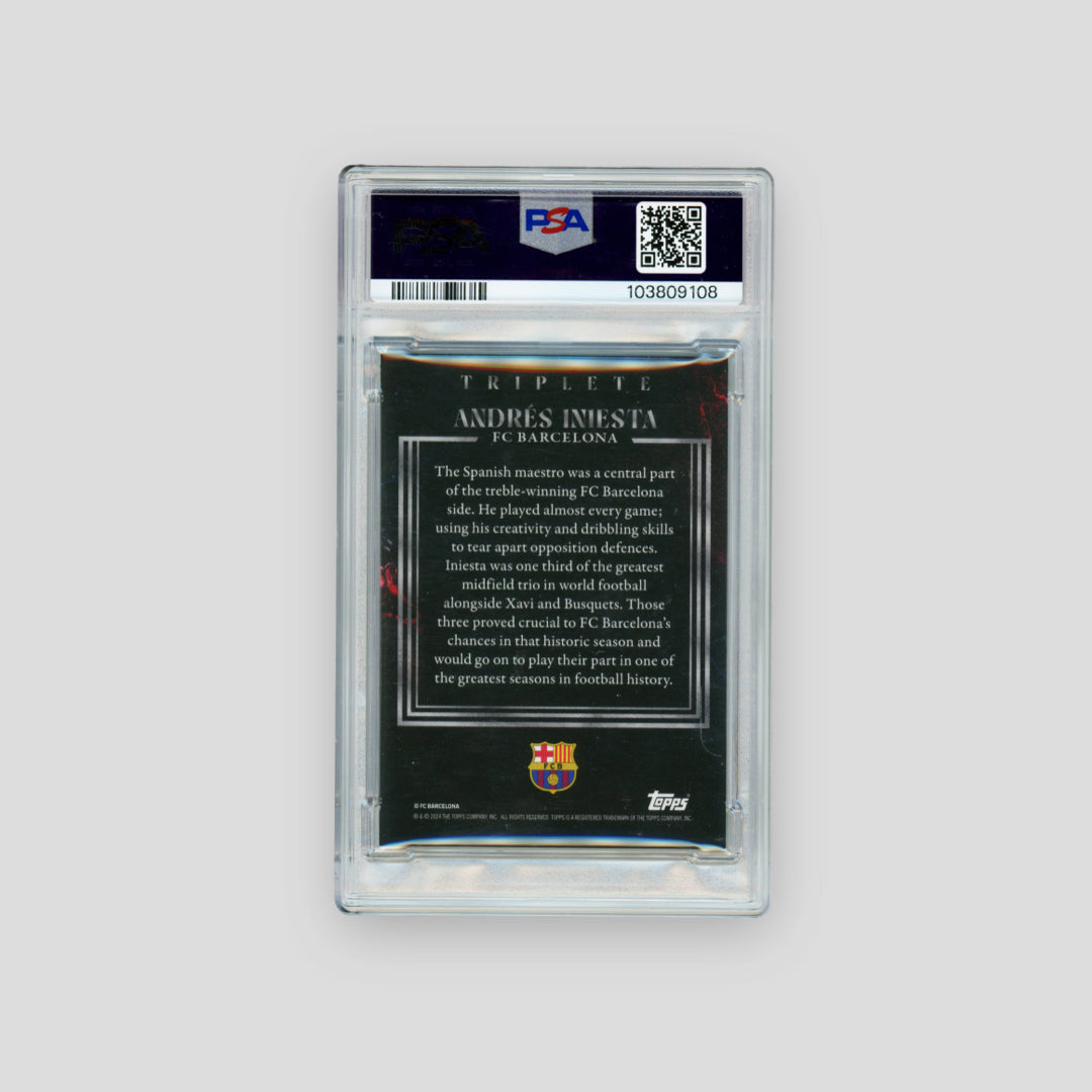 2024 Topps Barcelona Triplete Auto Andres Iniesta Red & Blue /5 (PSA 8) - Q's Cards