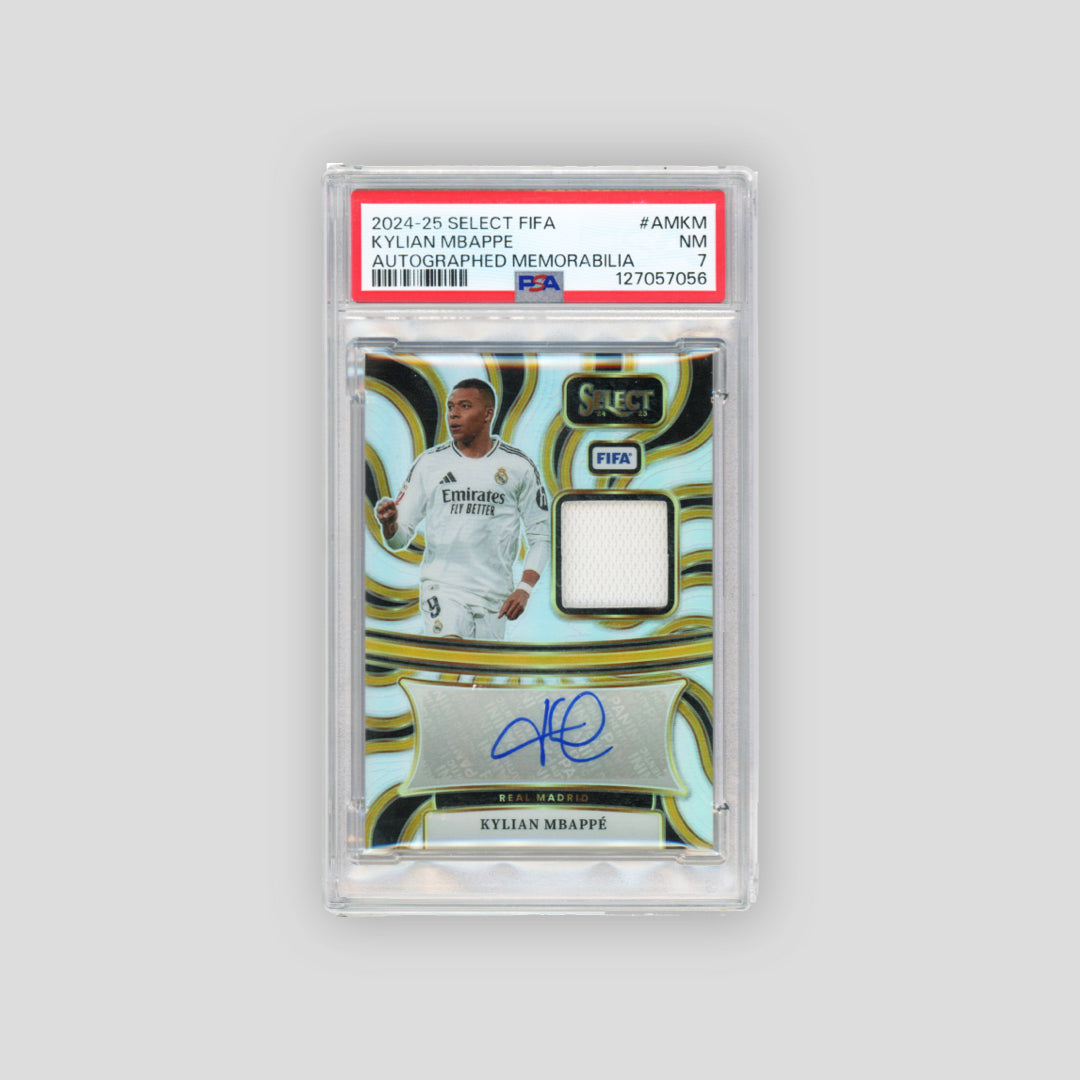 2024-25 Panini Select FIFA Kylian Mbappe Auto Relic PSA7 #AMKM - Q's Cards