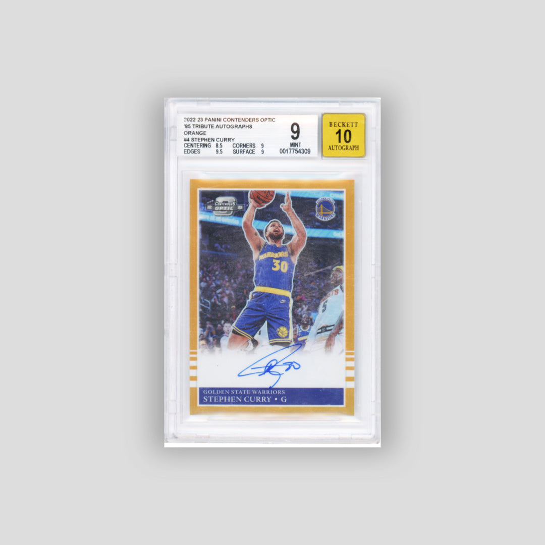 2022-23 Panini Contenders Optic '85 Tribute Autographs Stepehn Curry Orange /15 #85-SCG - Q's Cards