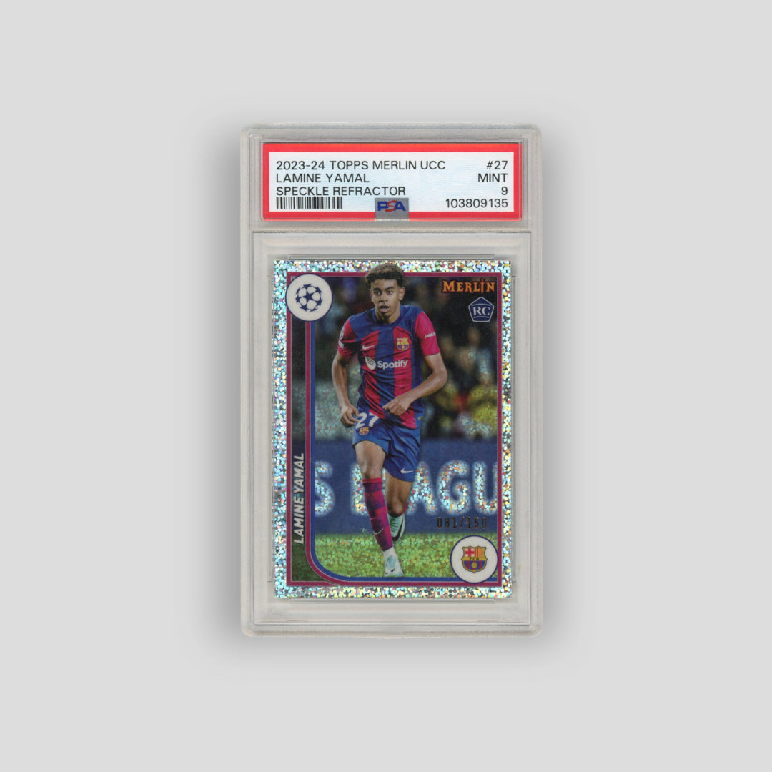 2023-24 Topps Merlin Lamine Yamal Speckle Refractor /150 #27 (PSA 9) - Q's Cards