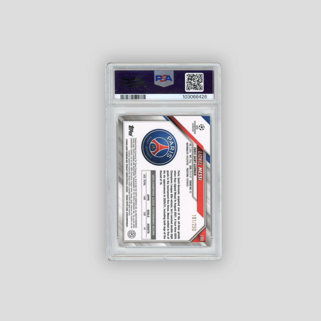2021-22 Topps Chrome UEFA Lionel Messi Purple Mini Diamond Refractor /250 #100 (PSA 9) - Q's Cards