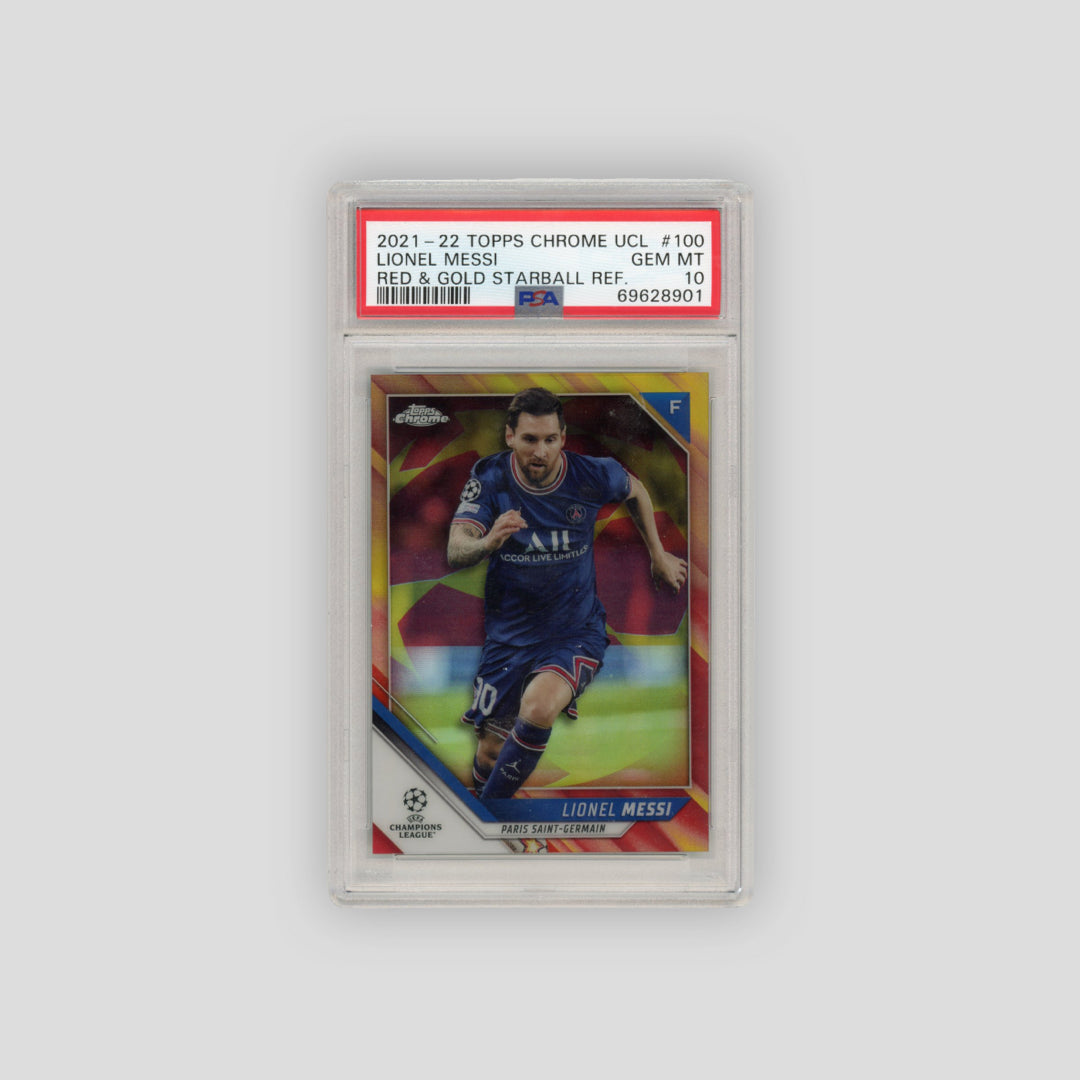2021-22 Topps Chrome UCL Lionel Messi Starball Refractor Red & Gold #100 (PSA 10) - Q's Cards