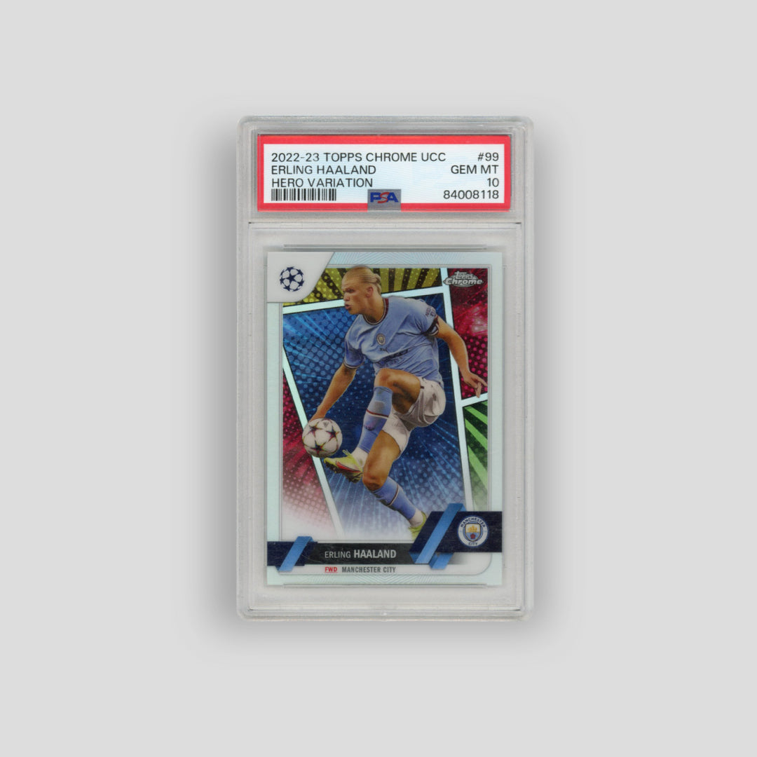 2023-24 Topps Chrome UCC Erling Haaland Hero Variation SSP #99 (PSA 10) - Q's Cards