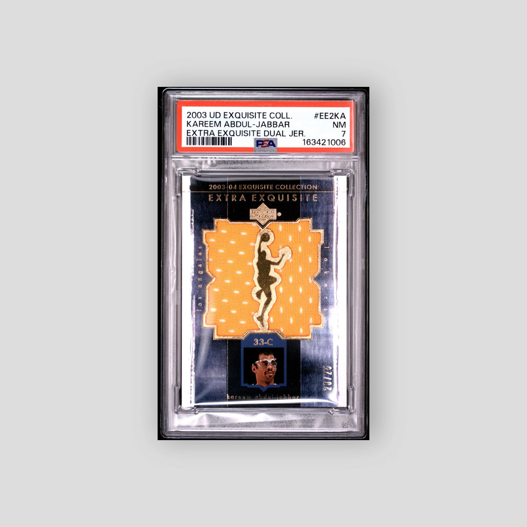 2003-04 Upper Deck Exquisite Collection Kareem Abdul-Jabbar Extra Dual Jersey /25 #EE2KA PSA 7 - Q's Cards