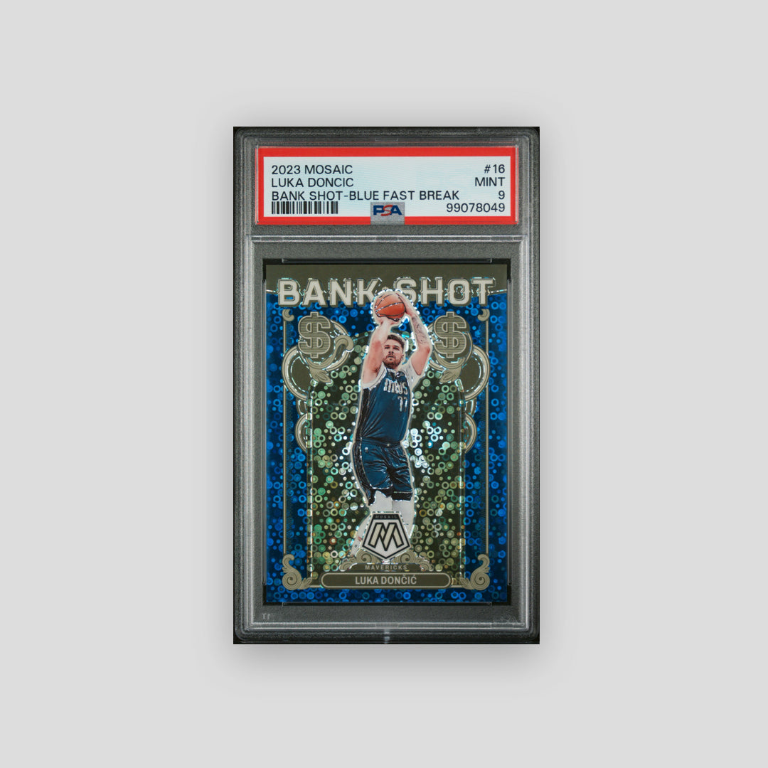 2023 Panini Mosaic Bank Shot Luka Doncic Bank Shot-Blue Fast Break /85 #16 PSA 9