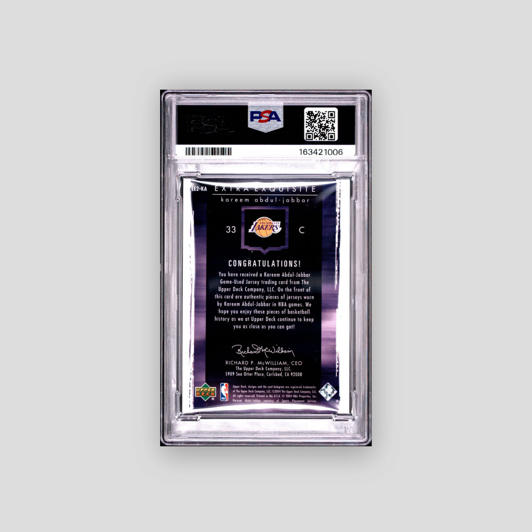 2003-04 Upper Deck Exquisite Collection Kareem Abdul-Jabbar Extra Dual Jersey /25 #EE2KA PSA 7 - Q's Cards