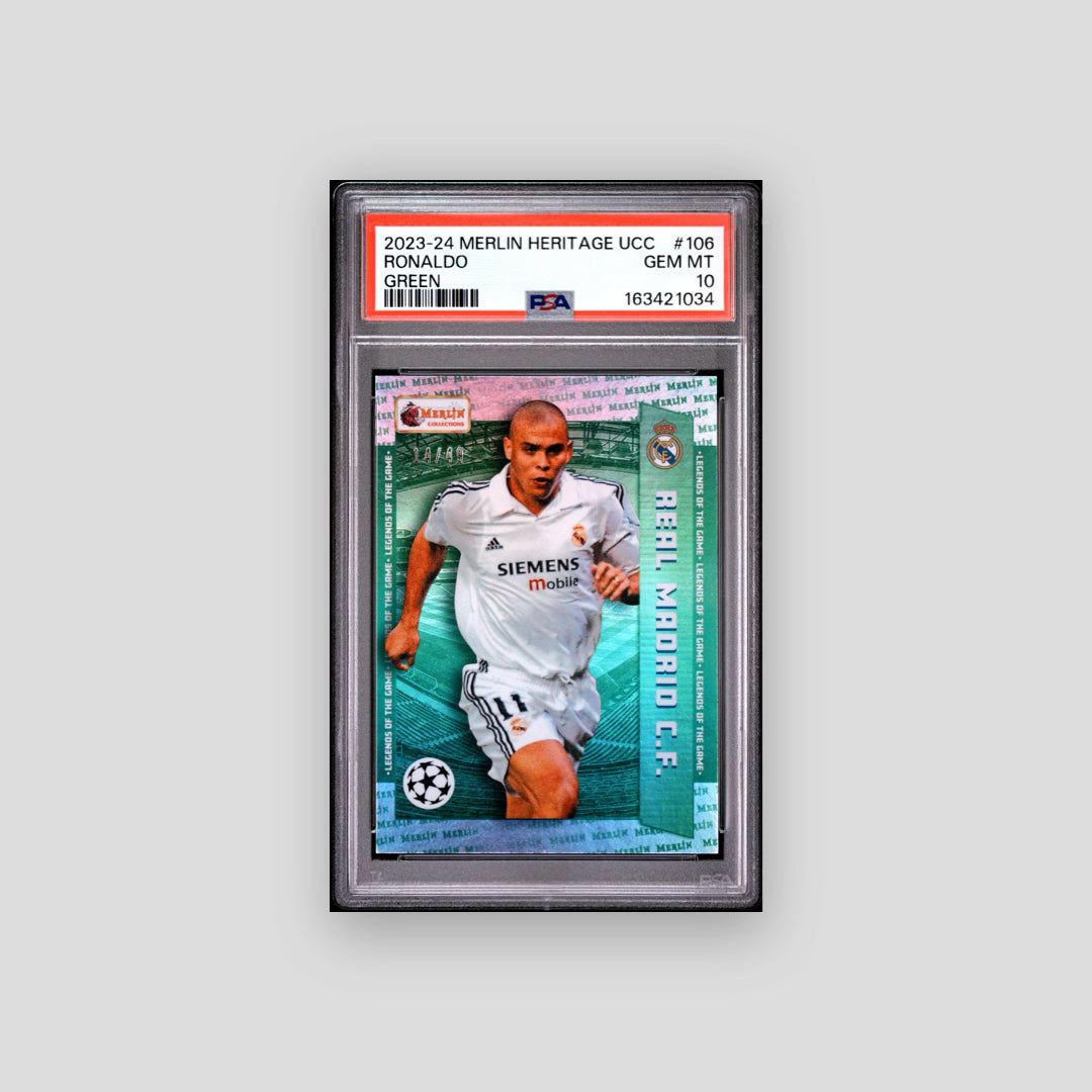 2023-24 Topps Merlin Heritage UCC Ronaldo Nazario R9 Green /99 #106 PSA 10 - Q's Cards