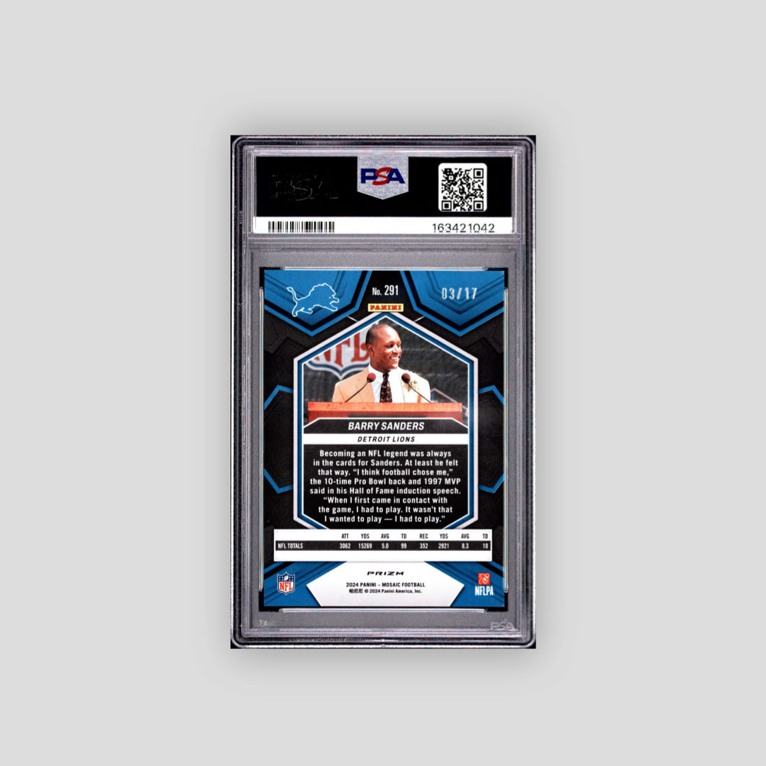 2024 Panini Mosaic Barry Sanders Hall of Fame Gold Wave /17 #291 PSA 10 - Q's Cards